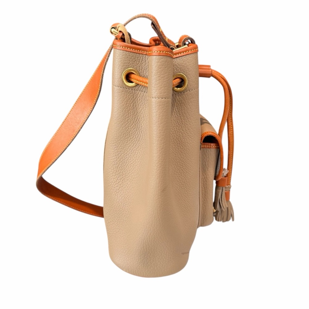 Vintage Dooney & Bourke AWL Bucket Bag Taupe Tan Leather Duck Logo Drawstring - Picture 6 of 13
